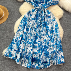 Sommer neue retro elegante modische gedruckt kurzarm lange kleid