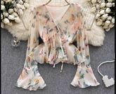Women's trumpet long sleeve ruffled printed chiffon blouse