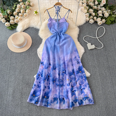 Vestido de vacaciones con estampado de pintura al óleo, abertura y patchwork con volantes