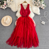 Sleeveless V-neck lace stitching a-line mesh dress elegant maxi dress