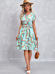 Hot Sale Printed Tie Short Sleeve Dress