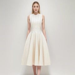 French high-end three-dimensional voluminous waist cinched long skirt with striped temperament slimming sleeveless dress