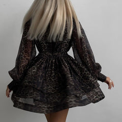 Early spring chiffon leopard print long sleeved dress with a lapel and puffy skirt