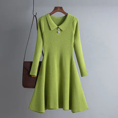 Long Sleeved High Waisted Short Knitted Dress Women Solid High Collar Sweater A-line Dresses Autumn Chic Female Street