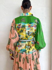 Print Women Dress With Belts Long Lantern Sleeve Single Breasted A-line Dresses Holiday Female Vestidos