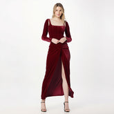 temperament square collar design with pleats and twists, solid color dress, long skirt, women's clothing