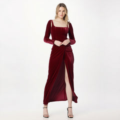 temperament square collar design with pleats and twists, solid color dress, long skirt, women's clothing