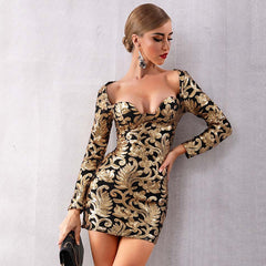 Long Sleeve Sequin Deep V Gold Mini Club Dress