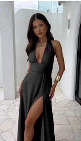 Hanging Neck Split Lace Solid Color Dress