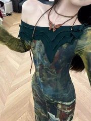 Nuevo vestido largo con estampado impresionante de manga larga de otoño