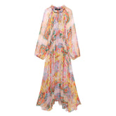 European and American Half High Collar Long Sleeve Printed Waist Loose Dress
