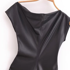 Asymmetric dress, long skirt, temperament, slim fit, hip hugging, faux leather pleated dress