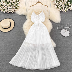 V-Ausschnitt A-Linie Plisseekleid Damen Sommerkleid