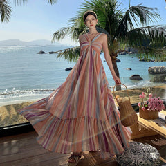 Dopamine Dress Rainbow Stripe Candy Gradient Hanging Neck Tie dye Long Dress