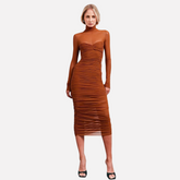 High neck mesh spliced long sleeved sexy hip hugging pleated dress