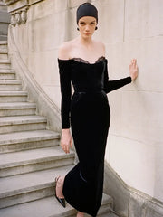 Black long sleeved lace lace velvet dress, European and American women's clothing, high-end dress, long skirt