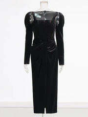 temperament square collar design with pleats and twists, solid color dress, long skirt, women's clothing