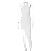 sexy backless split neck sleeveless dress with hanging neck