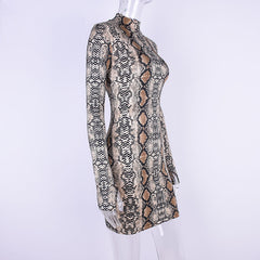 Snake print sexy women winter dress elegant Turtleneck long sleeve bodycon dress Evening club short party dress