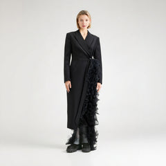 Autumn niche asymmetrical suit dress spliced mesh high-end party dress long coat