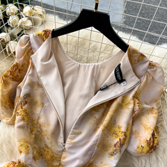 Retro Blumenkleid Damen Sommer Puffärmel Kordelzug Design