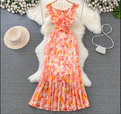 V-Ausschnitt, gerüschtes A-Linien-Kleid im Meerjungfrauen-Stil, bedruckt, elegantes langes Kleid