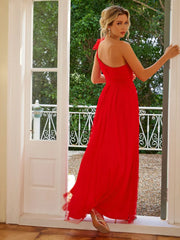 Women's single shoulder solid color mesh slit slim fit dress