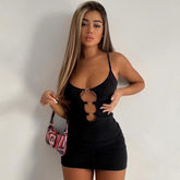 Spring Black Strap Hollow Heart Wrap Hip Dress