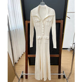 Ivory fishtail maxi dress delicate and elegant ribbed knit long sleeve stretch slim wrap Womens dresses spring new