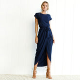 short sleeved front slit irregular short sleeved slim fit dress