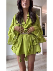 Ruffles Short Dress Elegant Elastic High Waist Long Sleeves Vestidos Female Holiday Beach Dresses