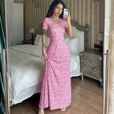 printed U-neck back strap short sleeved dress