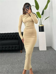 Tossy Pleated Autumn Dress Patchwork Elegant Women Long Sleeve Solid Vestidos Slim High Waist Bodycon Maxi Dress