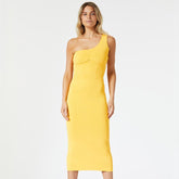 Solid Color Slanted Shoulder Yellow Single Shoulder Sleeveless dress