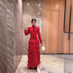 Elegant and stylish stand up collar bow polka dot print waist cinched ruffle edge dress