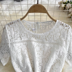 Kurzärmliges A-Linien-Plissee-Kleid mit Rundhalsausschnitt, Spitzennähten an der Taille