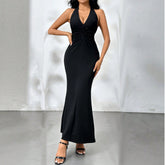 Sexy backless party long dress with elegant party temperament, V-neck hanging neck dress