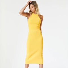 Solid Color Slanted Shoulder Yellow Single Shoulder Sleeveless dress