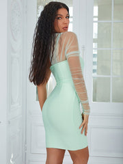 One Shoulder Mesh Long Sleeve Elegant Celebrity Club Party Bandage Dress