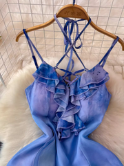 Vestido de vacaciones con estampado de pintura al óleo, abertura y patchwork con volantes