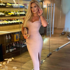 Sexy Vest Long Skirt Net Red Square Neck Sleeveless Dress Bandage Slit Dress Bandage Dress