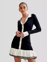 Bow tie, ruffle edge knitted skirt sleeves, pearl buckle, small fragrant style dress