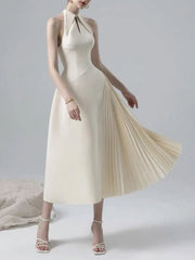 Solid Hollow Out Patchwork Folds Elegant Dresses Lapel Sleeveless High Waist Spliced Zipper Dress Female Fashion