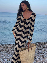 GACVGA Knitted Stripe Full Sleeve Maxi Dress Hollow Out Beach Elegant Slim Party Club Long Dress
