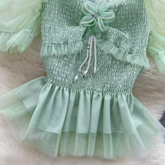 Women's square collar mesh puff sleeve blouses