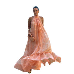 backless hanging neck sleeveless large swing ruffle edge dress