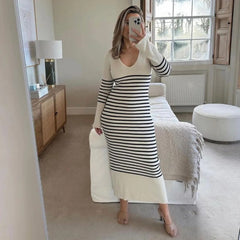Elegant Striped Knit Maxi Dress Women Autumn Flare Long Sleeve Sexy V-Neck Bodycon Party Dresses Club Outfits Lady Casual Dress
