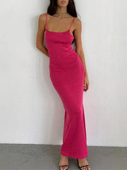 Women Knitted Dress Slash Neck Sleevesless Lace-up Backless Split Slim Ankle-length Dresses