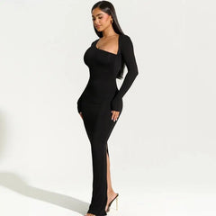 Sexy Black Evening Party Dress Women Elegant Fall Winter Outfits Asymmetrical Long Sleeve Slit Maxi Dresses 809