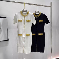 Golden nail bead sequin chain short sleeved dress with slim fit and goddess style